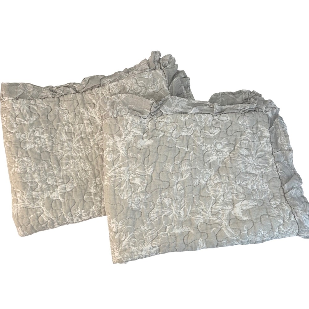 Shabby Chic Rachel Ashwell Pillow Sham Set Gray White Floral Ruffle Quilted